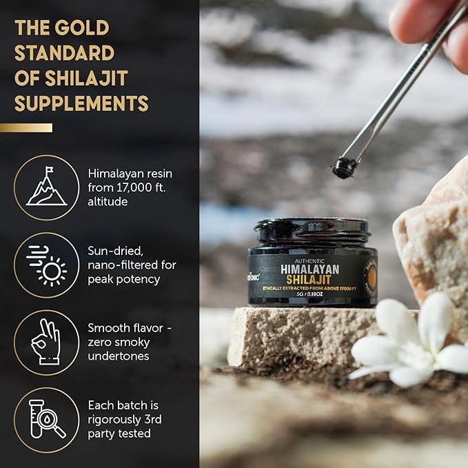 NutroTonicยฎ Authentic Himalayan Shilajit Resin for Men & Women - Gold Grade 86% Fulvic Acid - Wild Crafted +17000 FT โ 40x Nano Filtered & Sun Dried - 3rd Party Lab Tested - 5g Jar