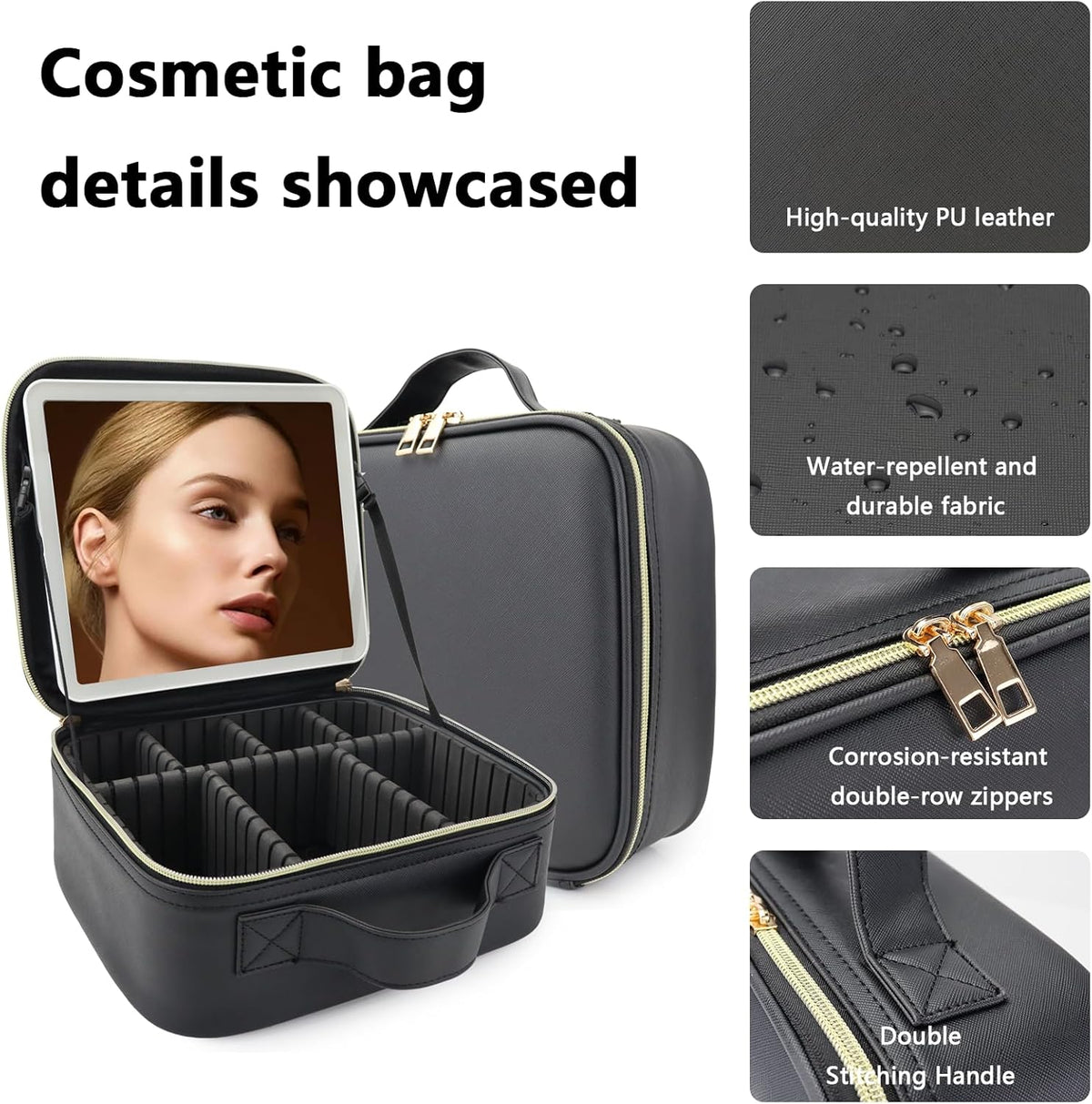 Travel Makeup Bag with LED Lighted Mirror, Travel Makeup Organizer,3 Color Setting Cosmetic Makeup Box, Adjustable Dividers and Brush Holder(black)