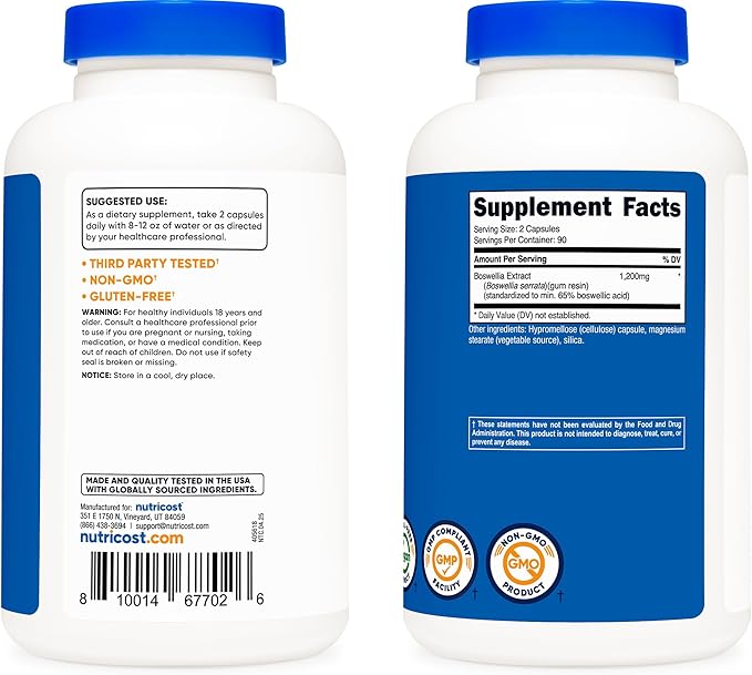 Nutricost Boswellia Extract Capsules (1,200 MG) (180 CAPS) - Gluten Free, Non-GMO, Vegan, 90 Servings