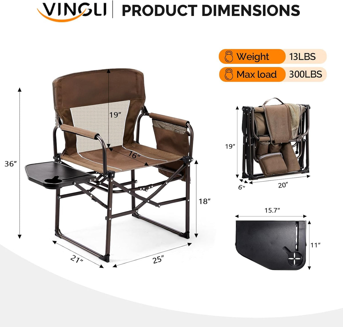 VINGLI Camping Chairs, Directors Chair, Camping Chair with Side Table & Carry Bag,Heavy Duty Camping Chairs for Adults,Portable Folding Camping Chair 2 Pack, for Beach, Fishing,Trip,Picnic,Lawn-Brown