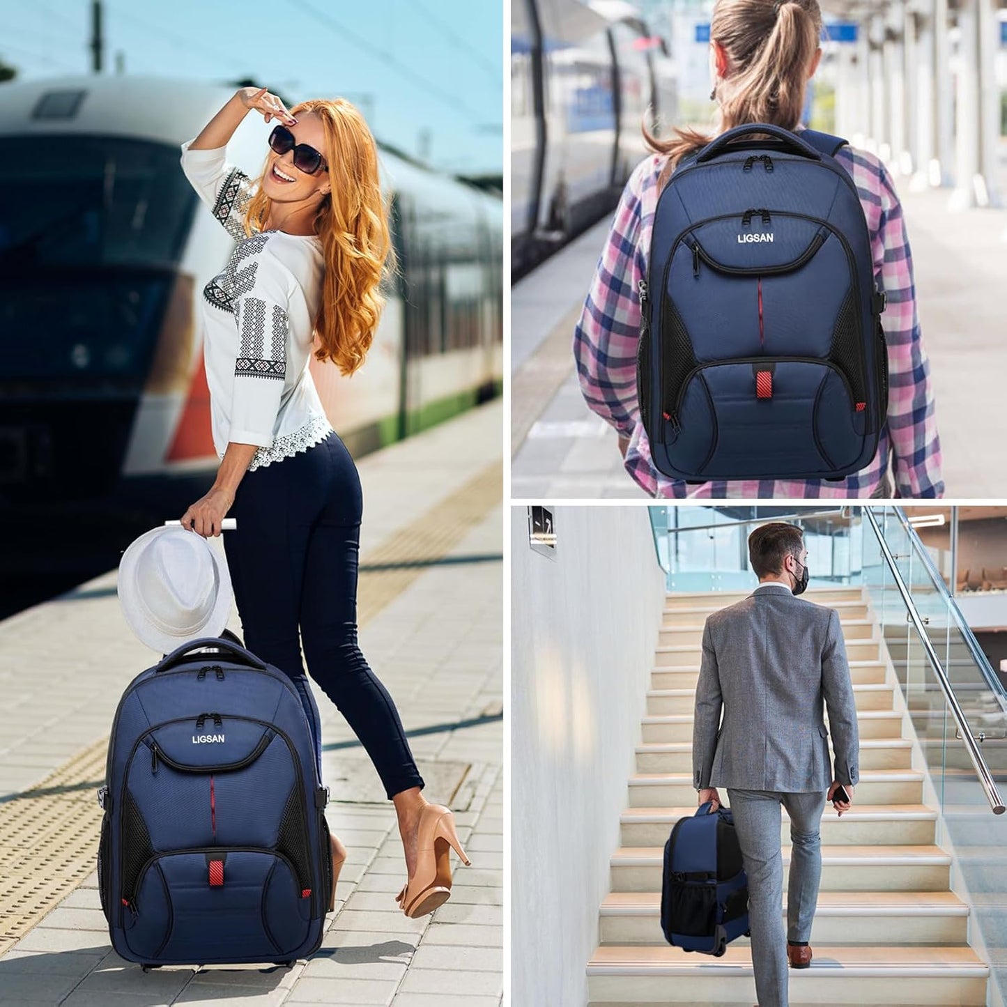 Rolling Backpack for Adults, 17inch Laptop Travel Backpack with Wheels Waterproof Roller Backpacks for Women Men Student Large College Business Suitcase Carry on Luggage Bag Wheeled Bookbag, Blue