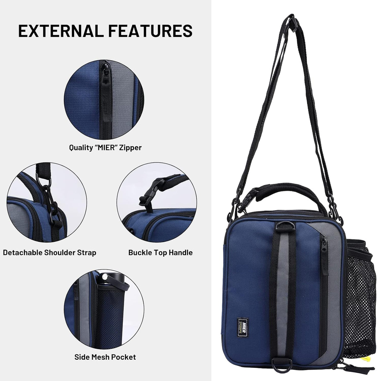 MIER Expandable Lunch Bag Insulated Lunch Box for Men to Work Travel Portable Lunchbox Bags with Shoulder Strap and Water Bottle Holder(Navy/Grey)
