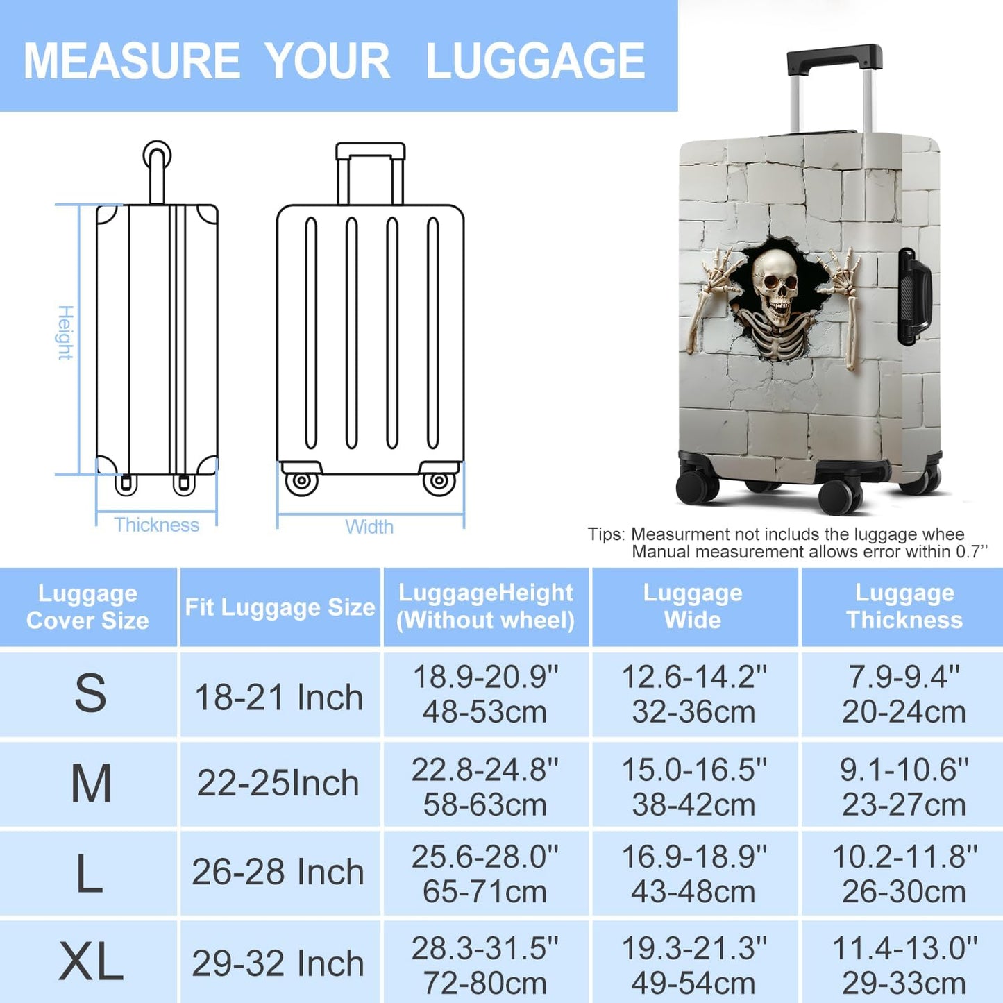 Luggage Cover Washable Suitcase Protector Anti-Scratch,Stretchable Fit for 20-34Inch Luggage Durable Travel Bag Cover with Zipper Closure (Skull, S(fits 20-22inch suitcase))