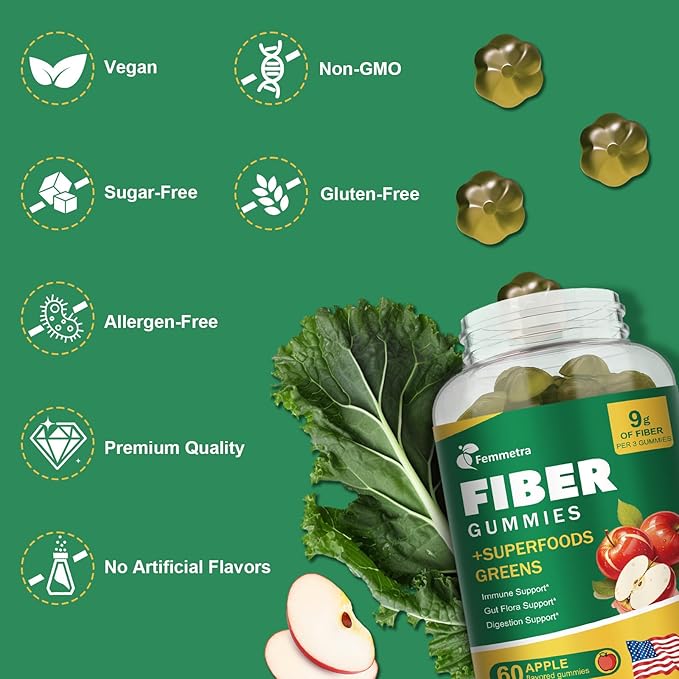 13-in-1 Fiber Gummies for Adults, Fiber Supplement for Digestive Health, Gut & Immunity, Prebiotic Fiber with Greens Blend & ACV - Non-GMO, Sugar Free – 60 Vegan Gummies, Apple Flavor
