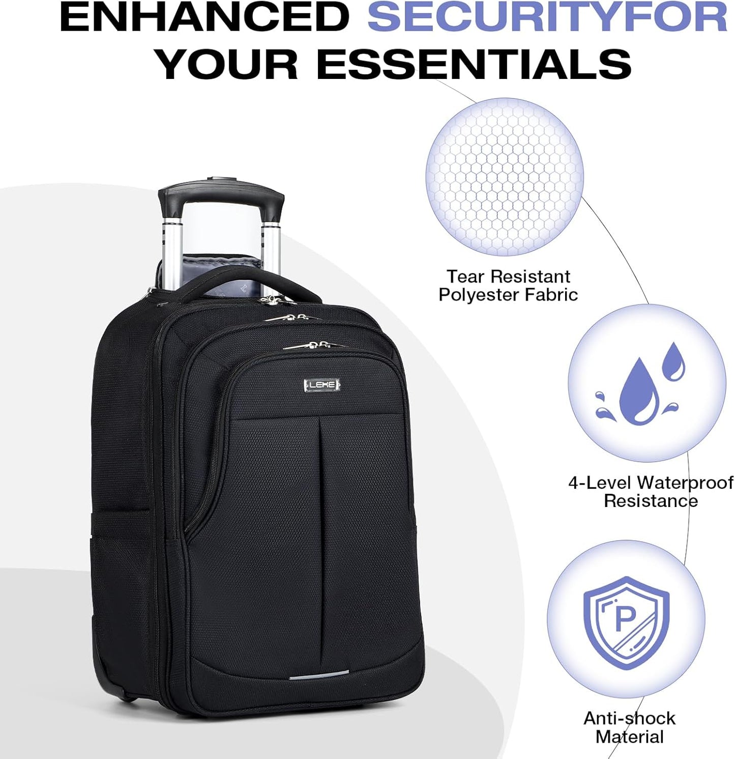 Rolling Backpack for Adults,17 Inch Waterproof Underseat Carry On Luggage, Wheeled Carry-on Luggage, Travel Backpack for Men Women, Trolley Laptop, Black Medium
