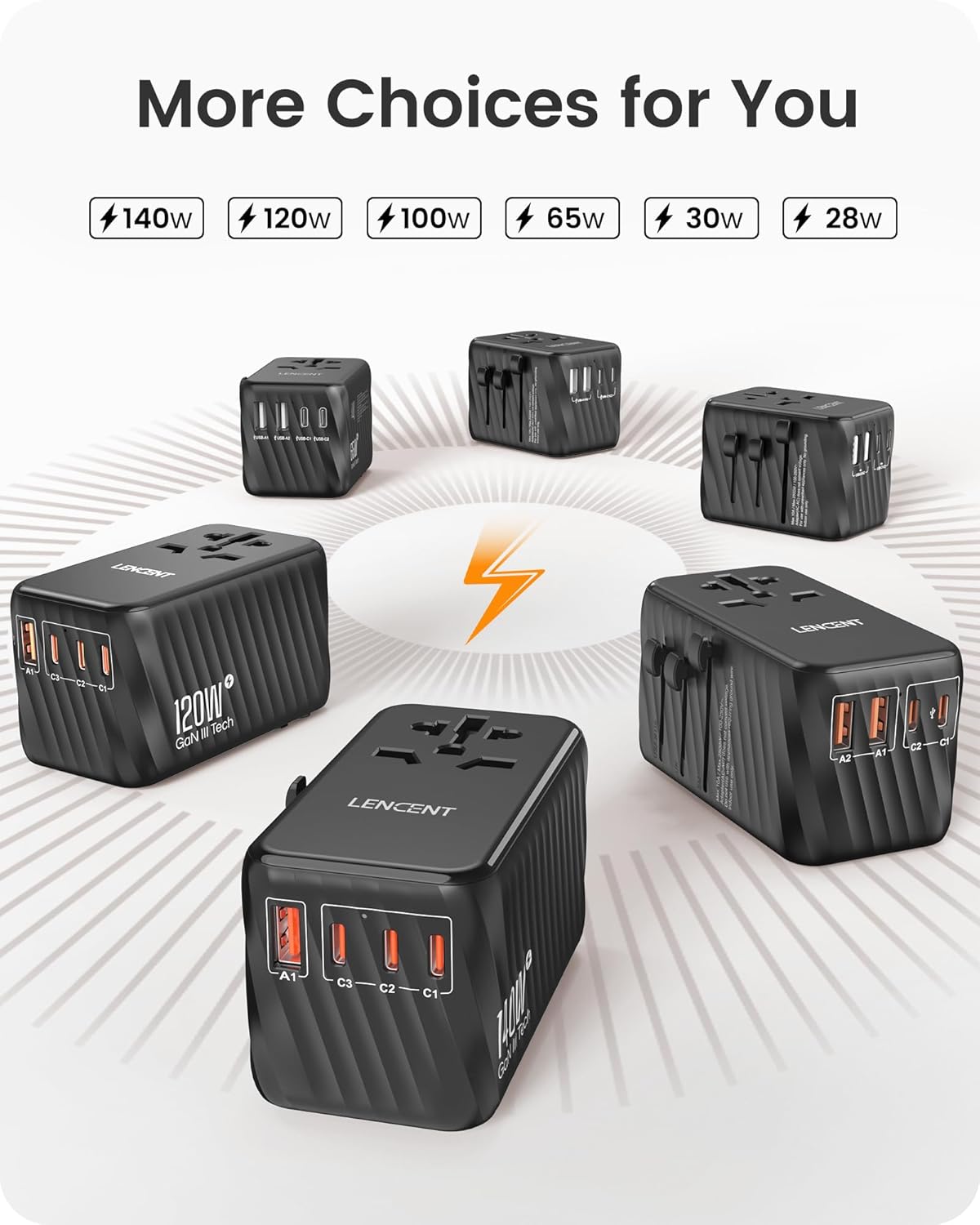 LENCENT 140W Universal Travel Adapter, International Plug Adaptor, GaN Fast Charger with 3 Type C+1 USB A, All in One Travel Essentials, Worldwide Outlet Converter for US to European EU UK AUS, Black