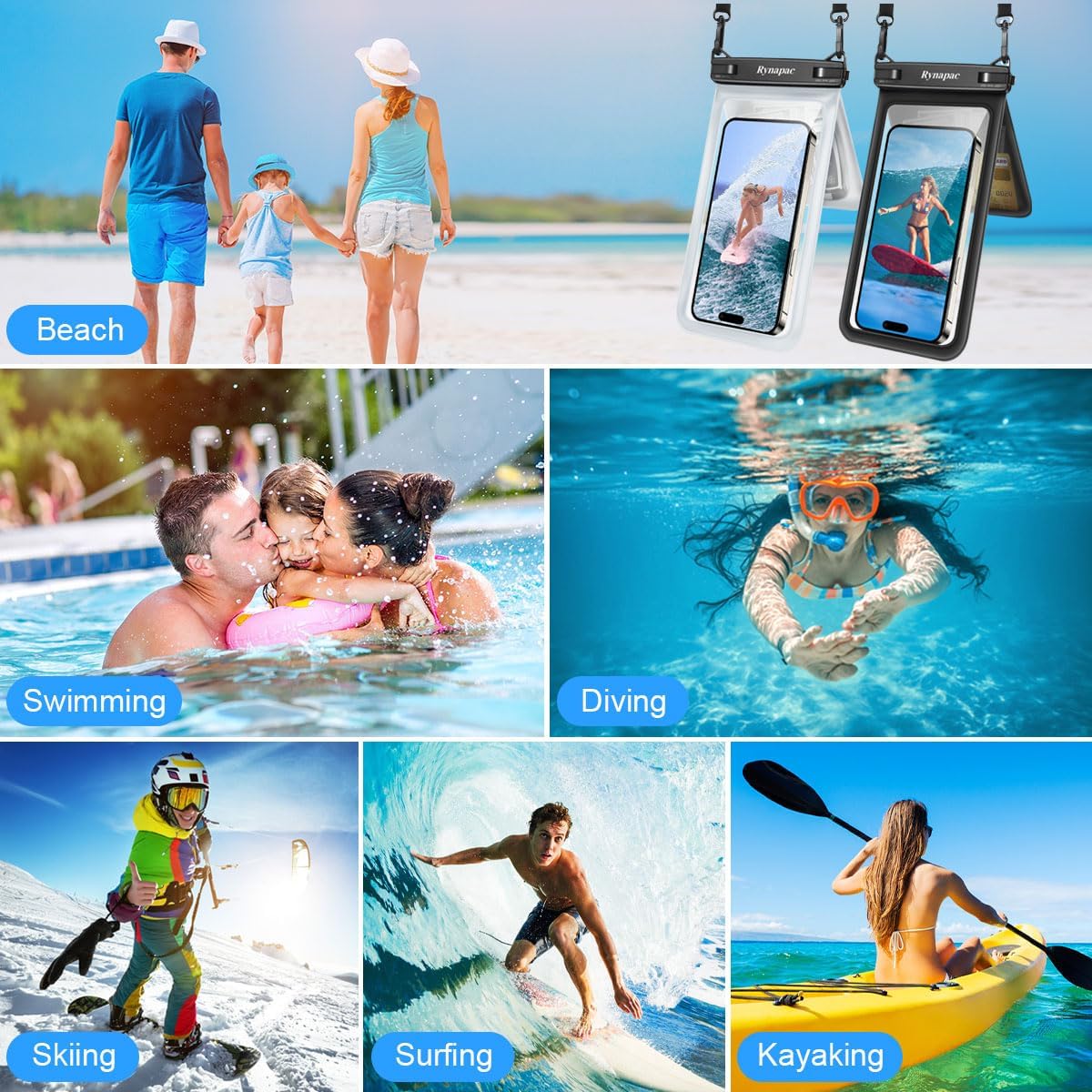 Double Space Waterproof Phone Pouch, 2 Pack Waterproof Phone Case with Lanyard for iPhone 16 15 Pro Max Galaxy S23 Pixel 7a up to 8.5ββ, Cellphone Dry Bag for Beach Vacation Travel Cruise Essentials