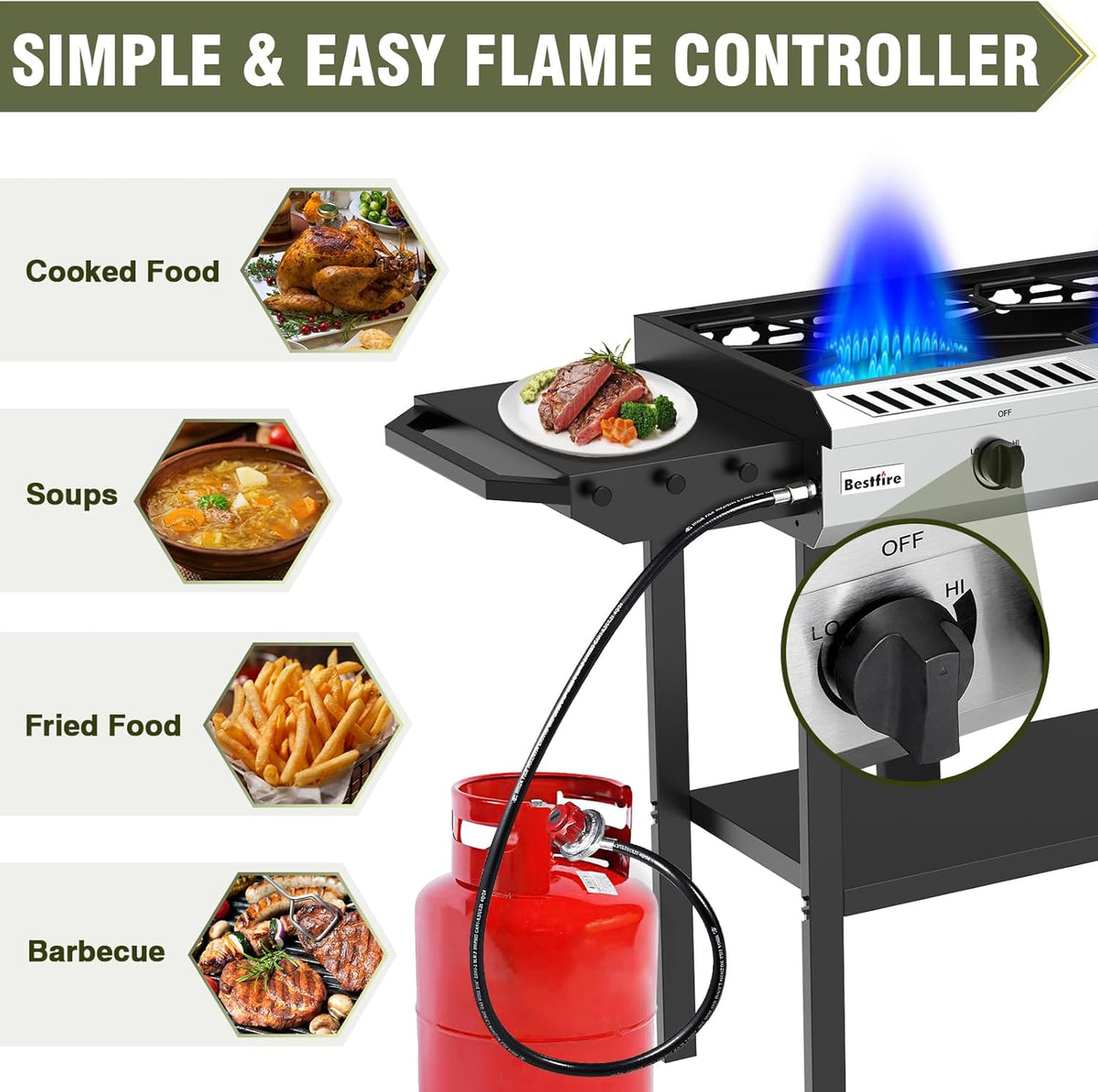 BESTFIRE 2 Burner Propane Gas Stove Outdoor Cooking Station β 150,000 BTU Double Cast Iron Burner with Auto Ignition, Regulator, Side Shelves & Wheels β Portable No-Windshield Design for Camping