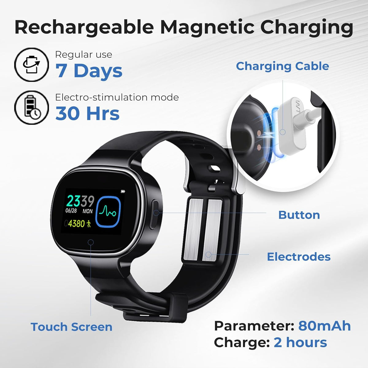 EmeTerm Smart FDA-Cleared Anti-Nausea Wristwatch Touchscreen IP67 Waterproof Morning Motion Sickness Relief Rechargeable Fast Acting Drug Free (2 Pack Black with Extra Gel)