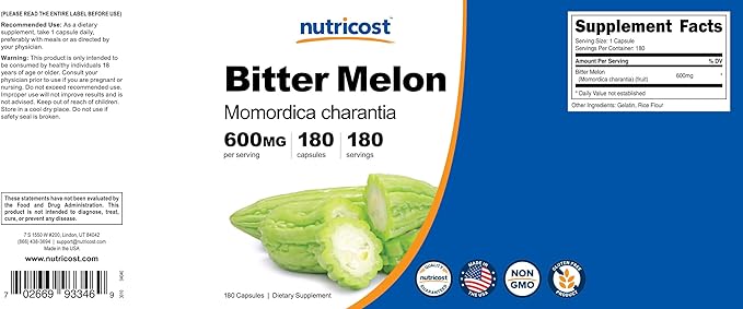 Nutricost Bitter Melon 600mg (2,400mg Equivalent), 180 Capsules - Gluten Free, Non-GMO