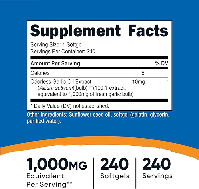 Nutricost Garlic 1000mg, 240 Softgels - Odorless, Premium Gluten Free Supplement