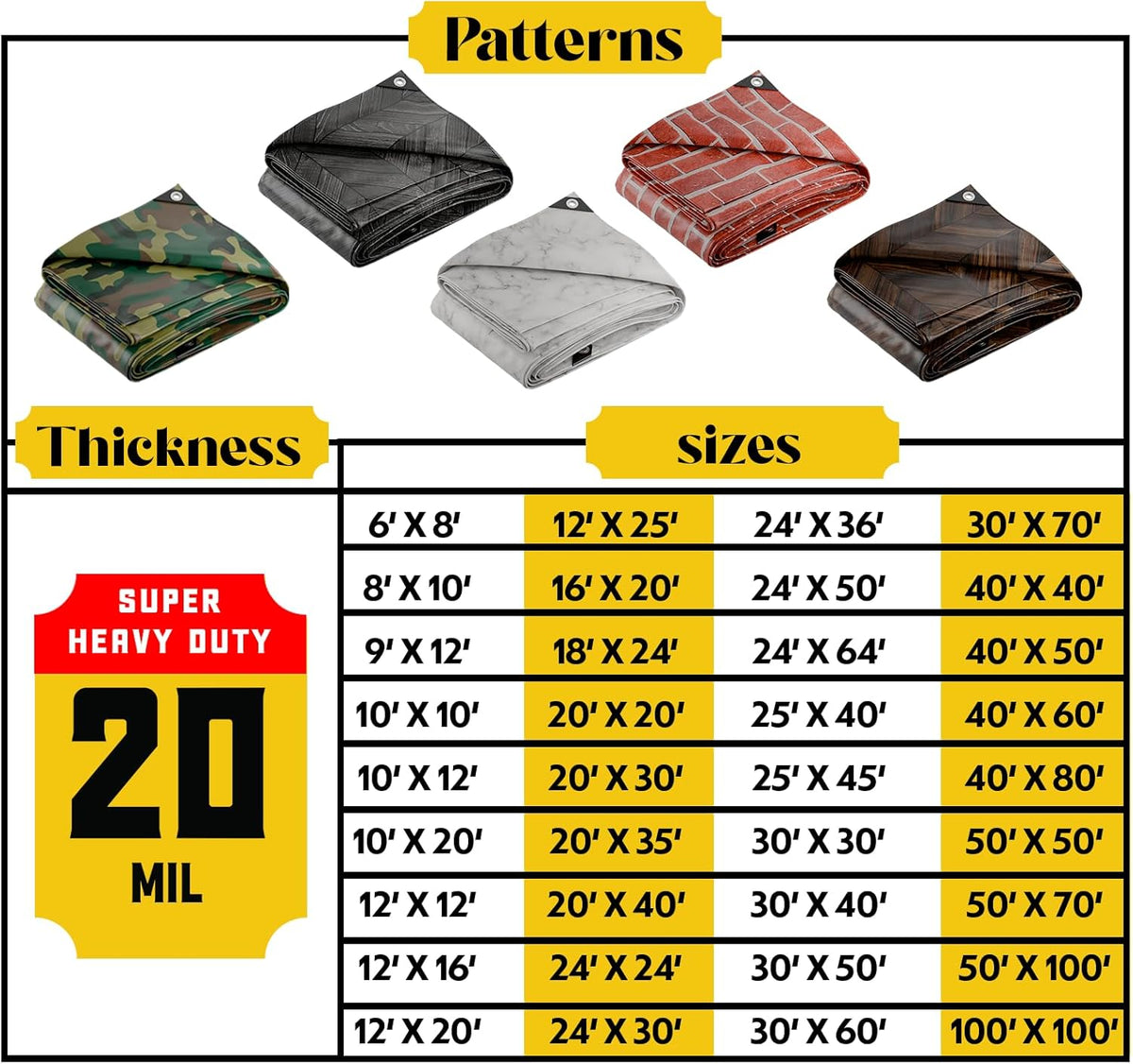 Core Tarps Extreme Heavy Duty 20 Mil Tarp Cover, Waterproof, UV Resistant, Rip and Tear Proof, Poly Tarpaulin with Reinforced Edges for Roof, Camping, Patio, Pool, Boat (Bricks/Black 24′ X 30′)