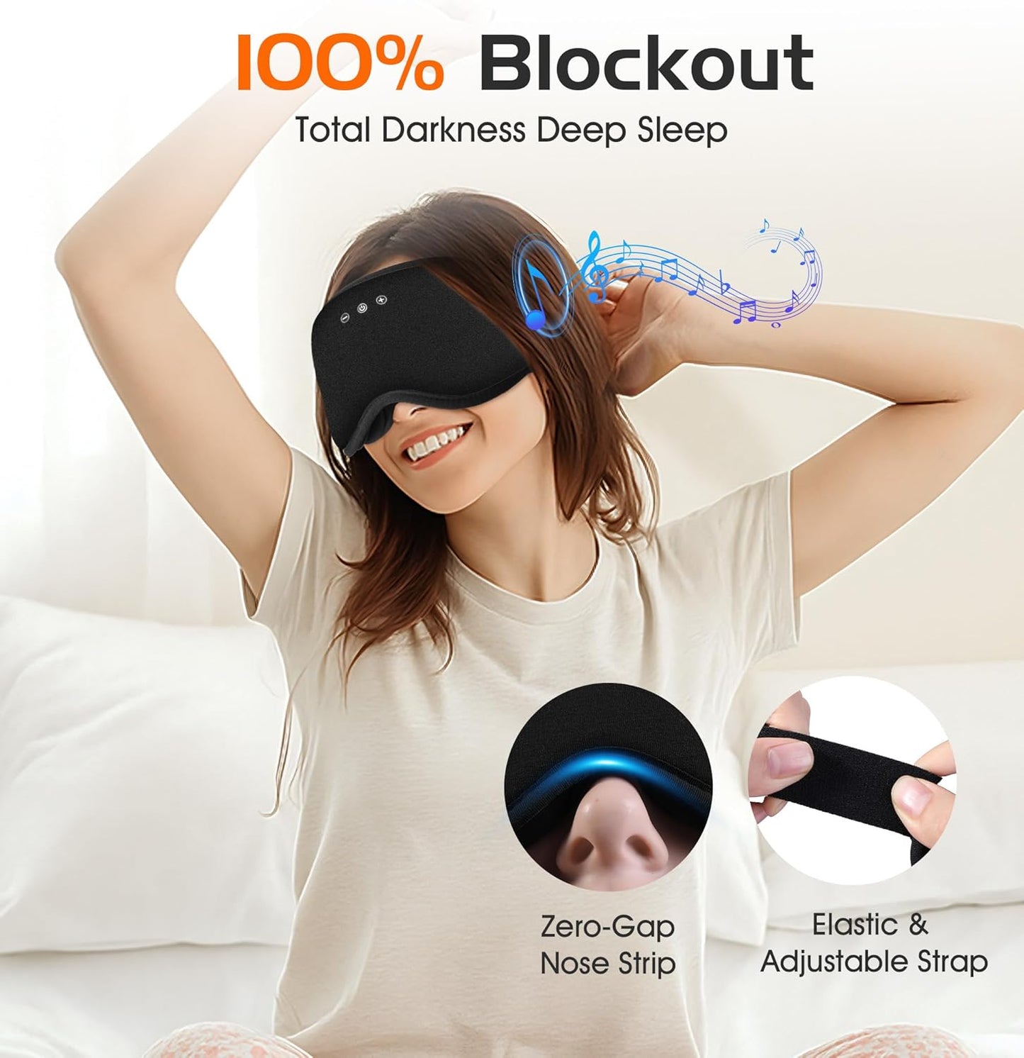 Bluetooth Sleep Mask with 2 Removable 3D Contoured Cup, Bamboo Cotton Bluetooth Sleep Headphones for Side Sleepers with Timming Setting, Blackout Eye Mask for Travel Meditation Men Women