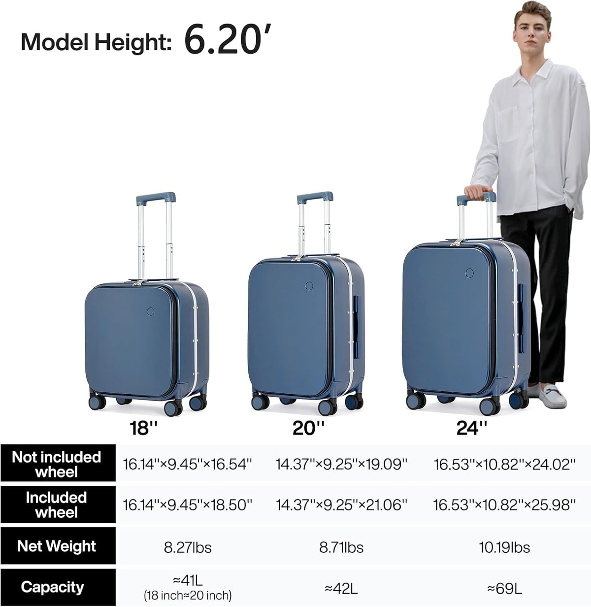 mixi Carry On Luggage, 20'' Suitcase with Front Laptop Pocket, Travel Rolling Luggage Aluminum Frame PC Hardside with Spinner Wheels & TSA Lock and Cover - Sapphire Blue