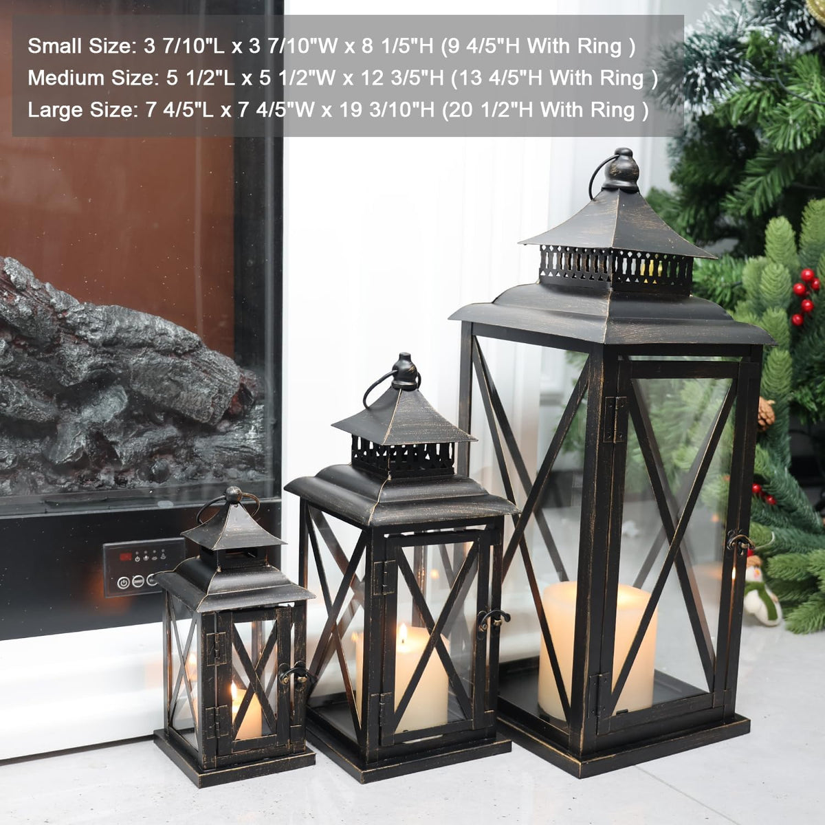 DECORKEY 3PCS (20’’&13’’&9’’) Lanterns Decorative Indoor & Outdoor, Vintage Metal Frame Candle Holders for Front Porch, Patio, Pathway, Balcony, Garden, Yard Decor, Halloween Christmas Decorations