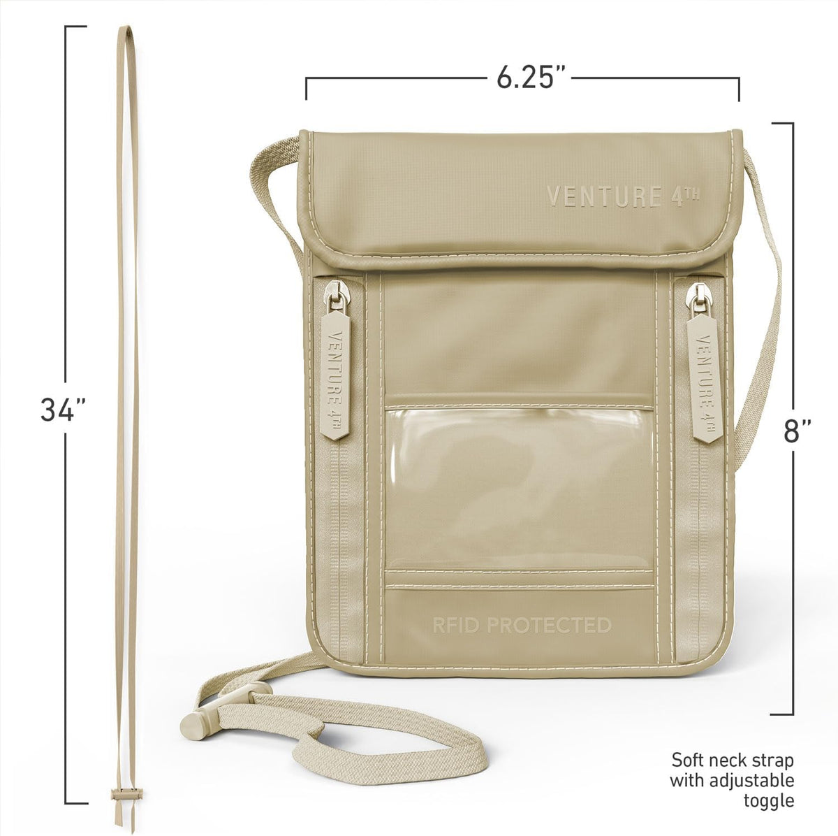 VENTURE 4TH Passport Holder Neck Wallet with RFID Blocking Nylon Lining - Hidden Neck Pouch for Travel (Sleek Beige)