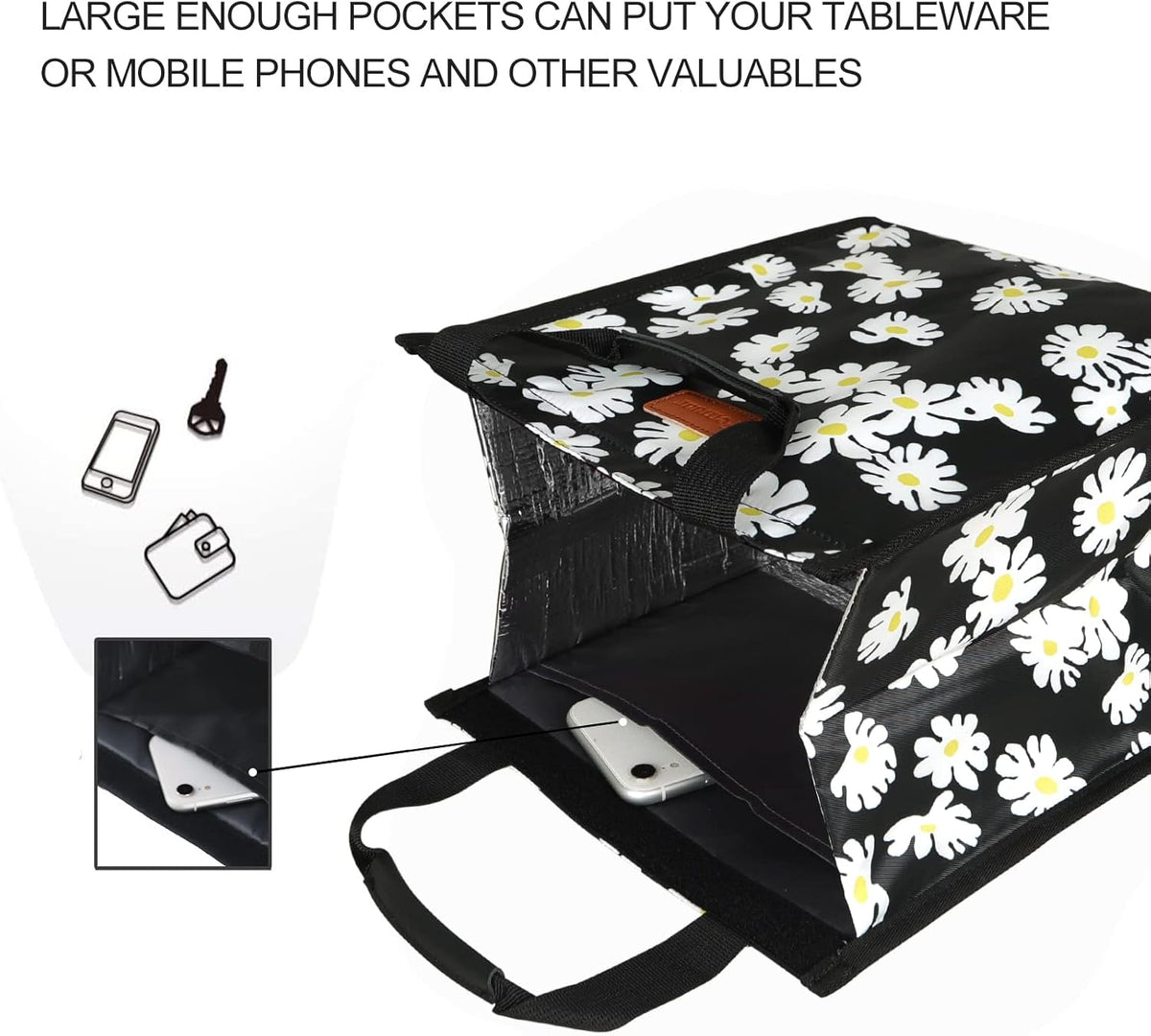 Lunch Bags for Women Insulated Reusable Lunch Tote with Internal Pocket, Lunch Tote bag for Work(Daisy)