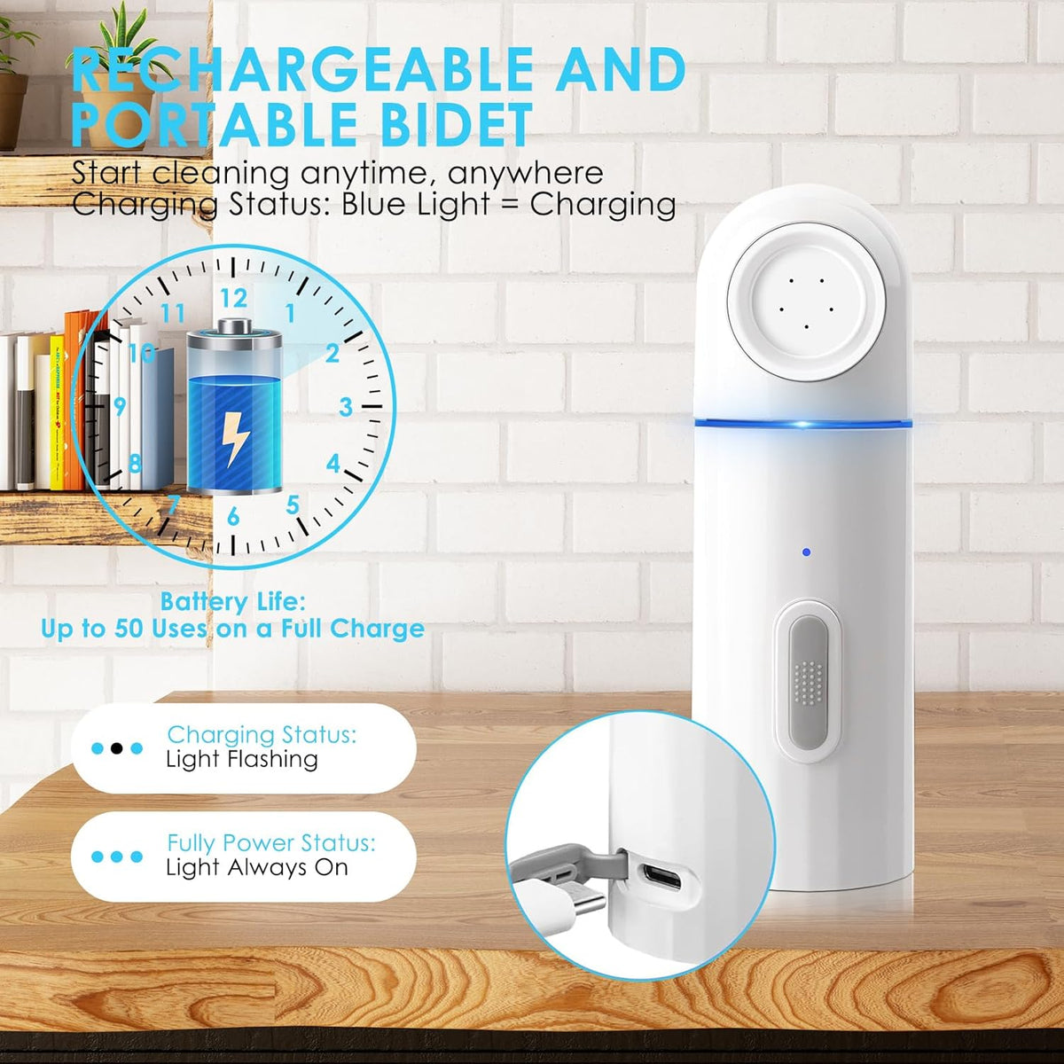 Portable Electric Travel Bidet, 450ML Electric Sprayer Bidet with Built-in Body for Easy Storage, Two Pressure Modes for Personal Hygiene Cleaning for Women and Men, White