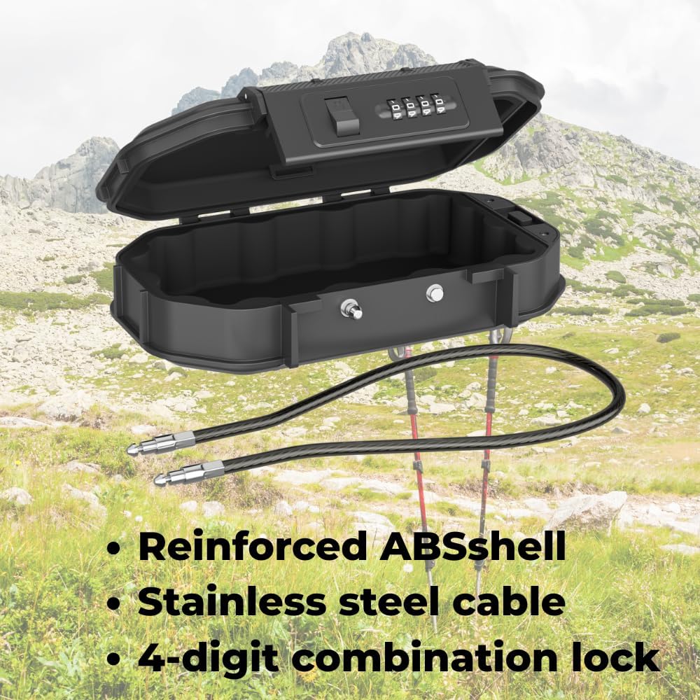 Portable Security Lock Box with Combination Lock, Waterproof Travel Safe Case with Steel Cable, Black. Box with Combination Ideal for Outdoors, Camping, Beach, dorms.