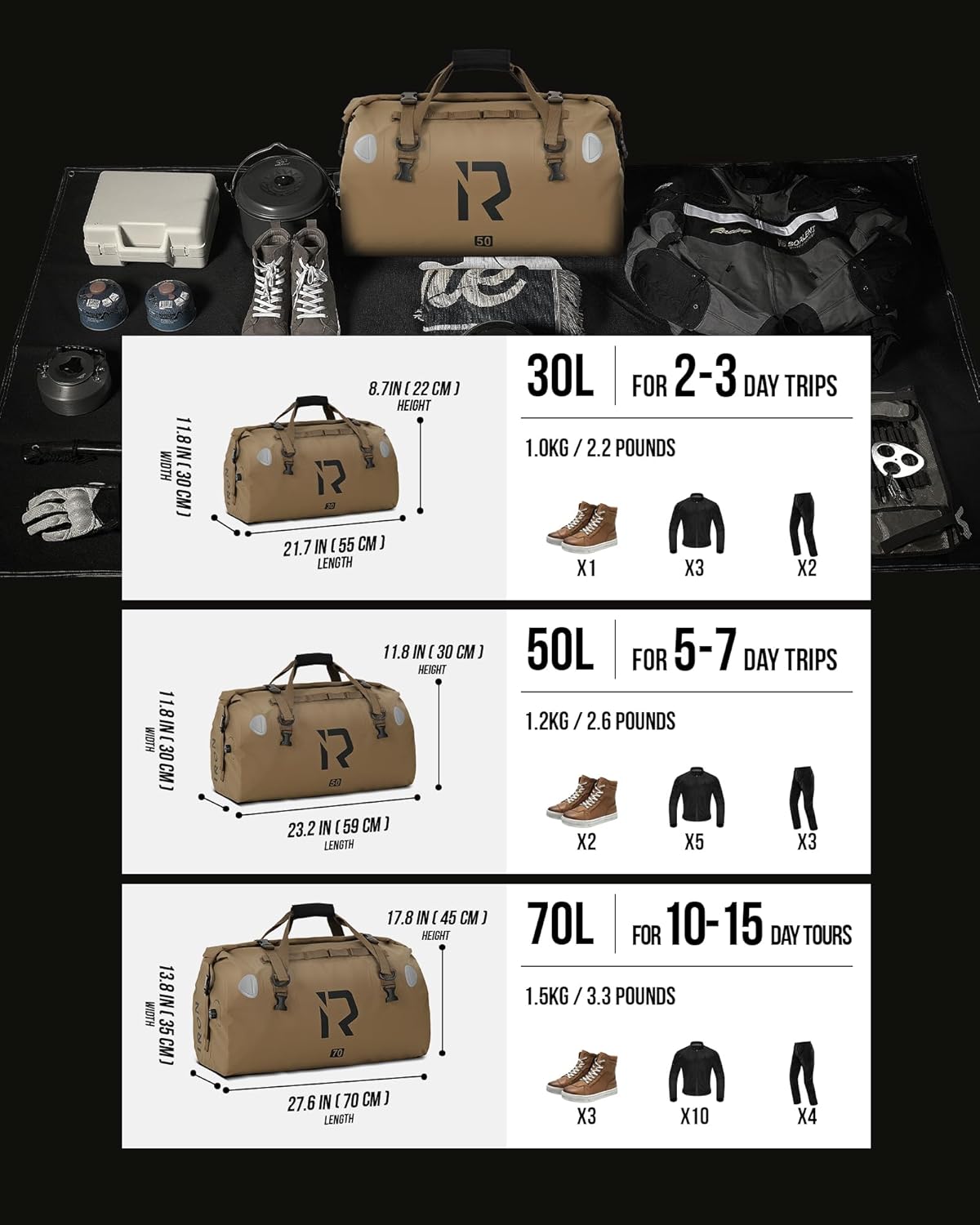 IRON JIA'S Motorcycle Dry Bag - Waterproof Duffle & Luggage Tail Bag Saddle Bags with Roll Top Closure, Shoulder Straps, Inner Pocket and Mesh Pocket (Brown, 30L)