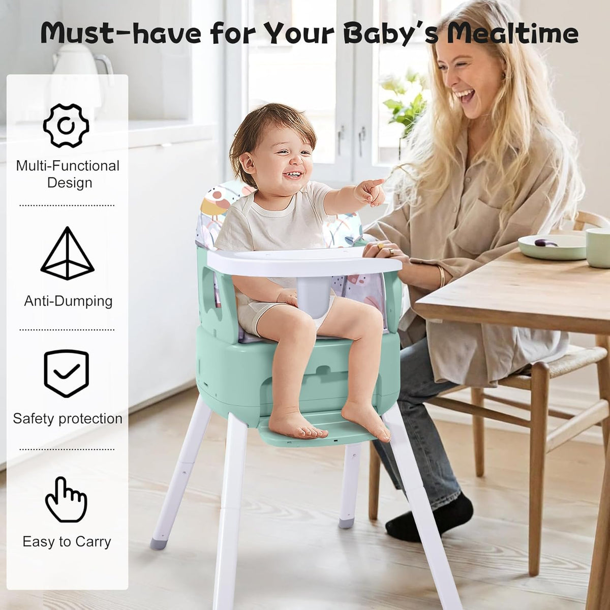 4 in 1 Portable Baby Highchair Convertible Highchair for Babies and Toddlers - Foldable Carry Small Box, High Chair, Infant Booster Seat, Dining Chair, Easy to Carry and Store(Green)