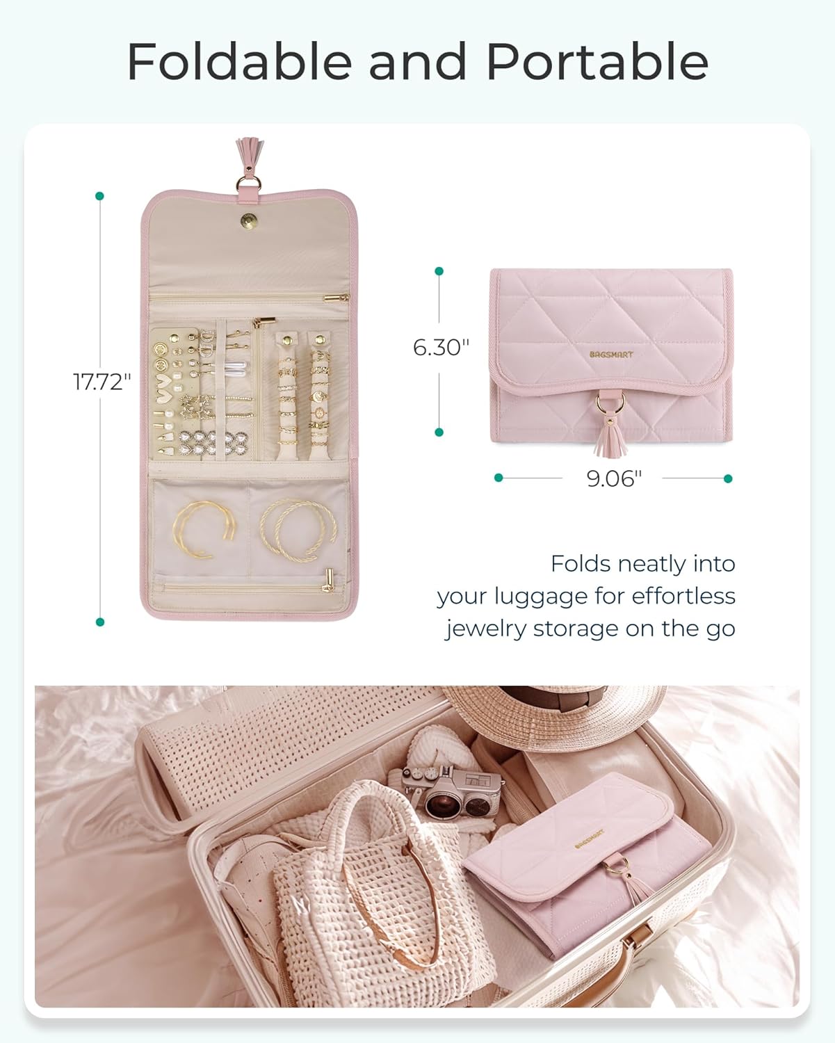 BAGSMART Travel Jewelry Case Organizer, Roll Foldable Jewelry Case for Journey-Rings, Necklaces, Earrings, Bracelets, Brooches, Portable Travel Essentials, Green