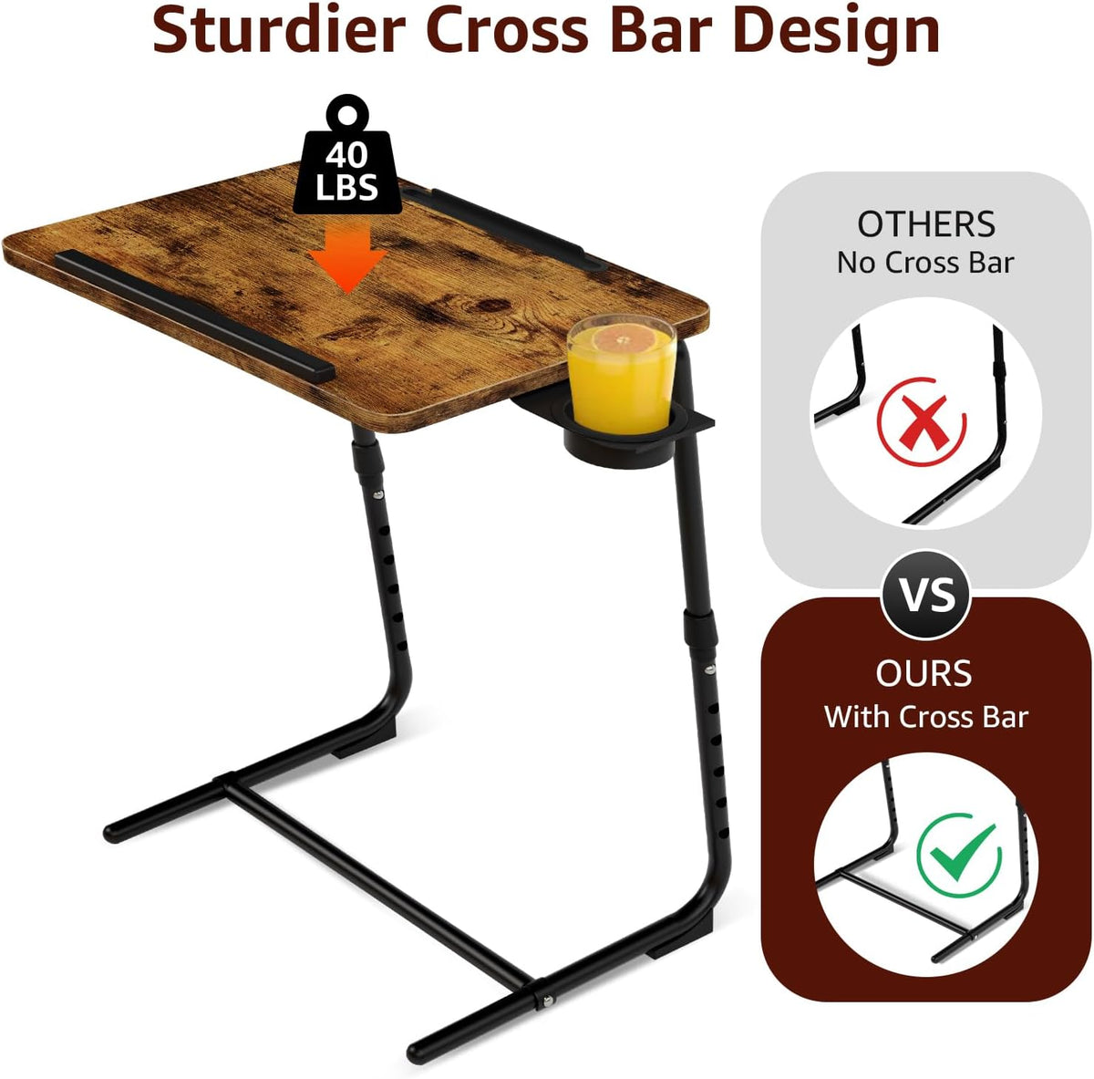 TV Trays Set of 2 - Folding TV Tray Adjustable Dinner Trays for Eating On Couch Wooden Tables Mate Stand Foldable Rustic Desk with Cup Holder Portable