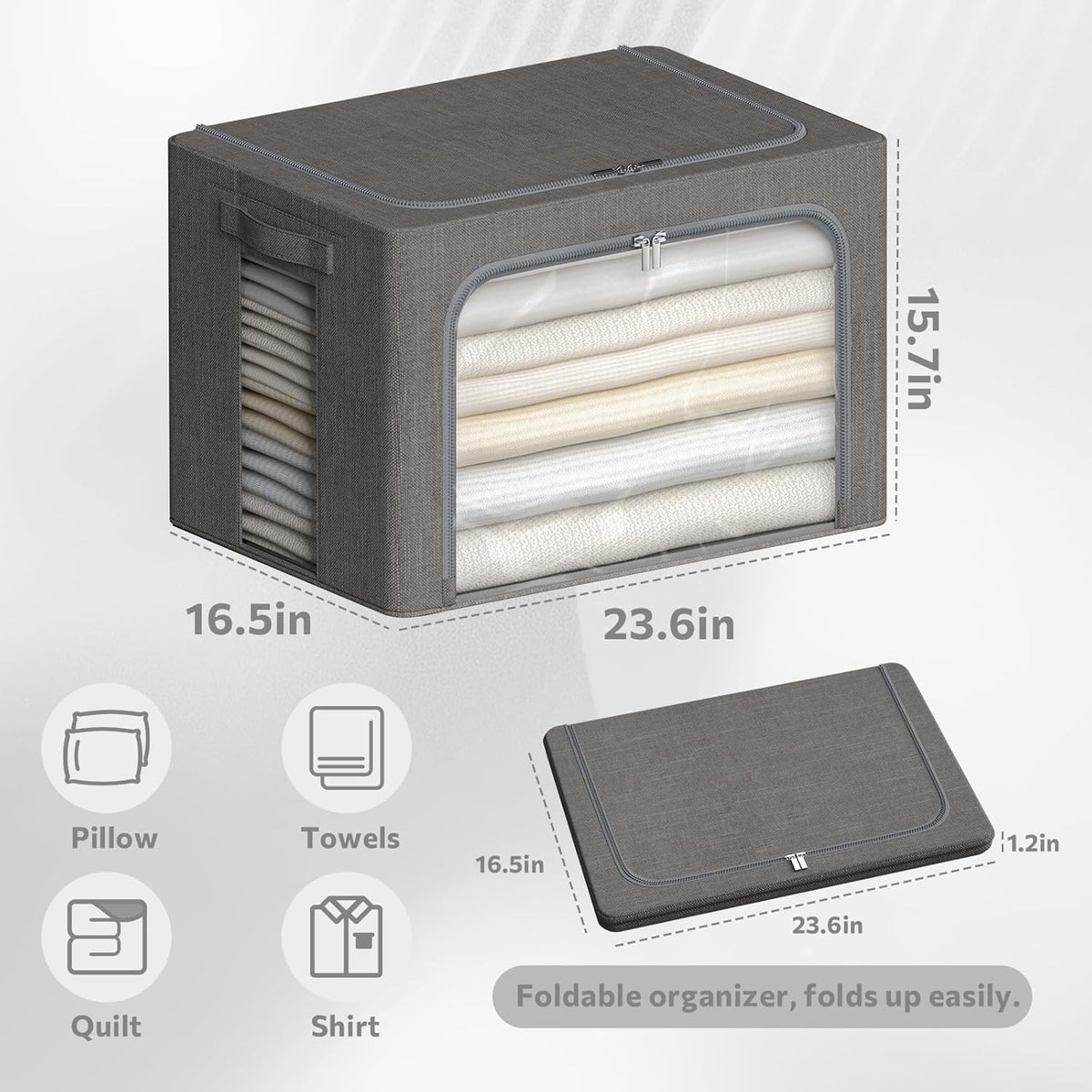 4 Pack Clothes Storage Bins with Metal Frame - Linen Fabric Foldable Stackable Container Organizer Set with Clear Window & Carry Handles & Zippers (Dark Gray, 23.6"x16.5"x15.7")