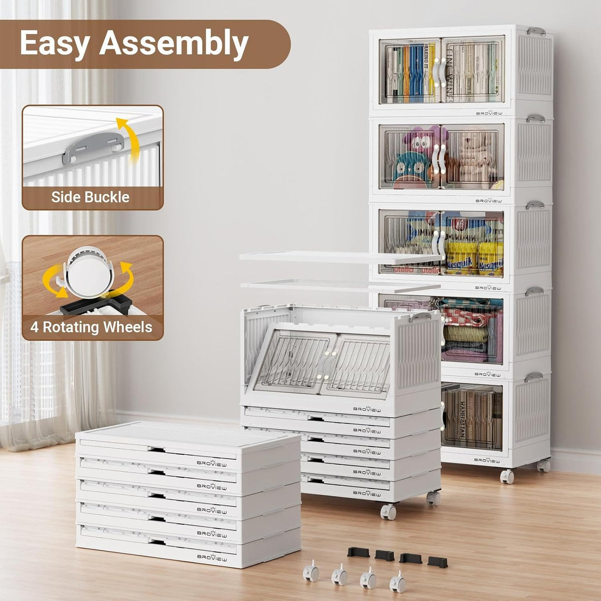 BROVIEW 180Qt Stackable Storage Bins with Lid, Extra Large Closet Organizer Collapsible Drawer Boxes with Wheels, Folding Plastic Cabinet Containers for Home Kitchen Room Organization, 3Pack White