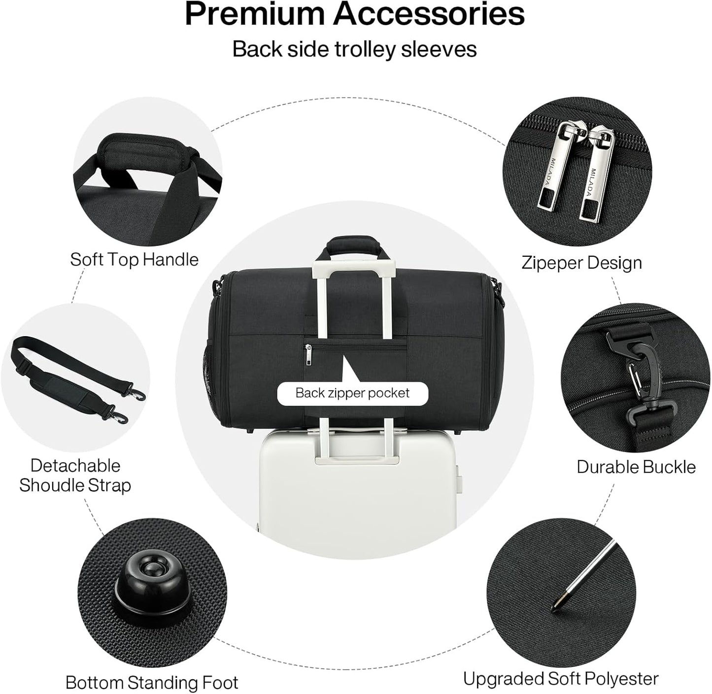 MILADA Convertible 2-in-1 Garment Duffel Weekender Bag Carry On Garment Bags for Travel Hanging Clothes Suit Bag Foldable Personal Item Business Overnight Bag with Shoe Compartment, Black