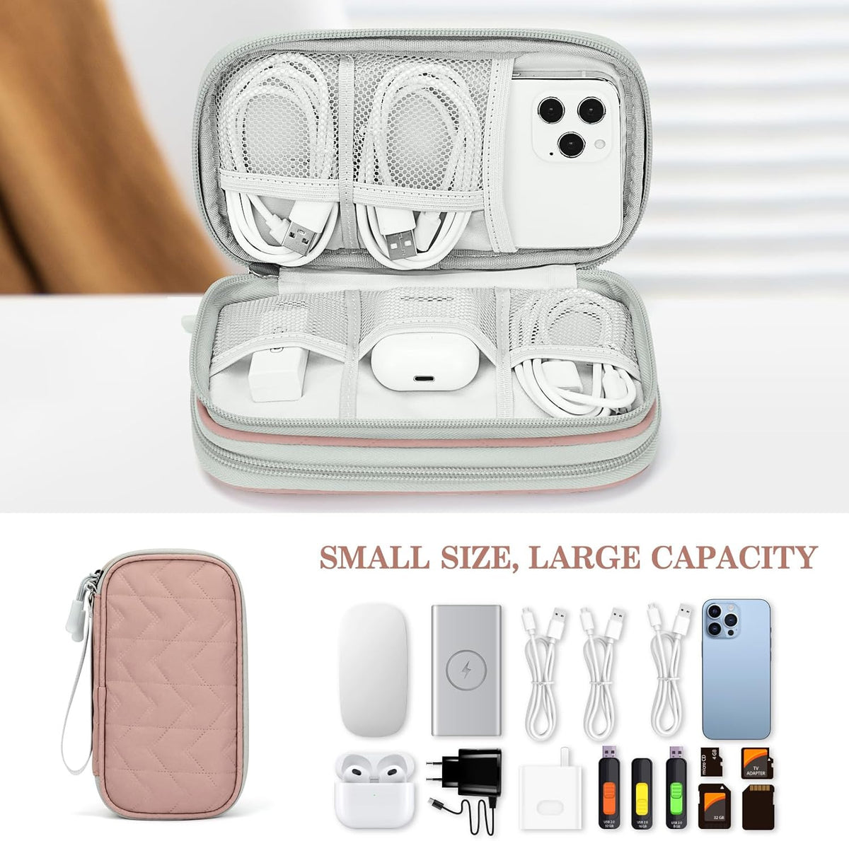 FYY Electronic Organizer, Travel Cable Organizer Bag Pouch Electronic Accessories Carry Case Portable Waterproof Double Layers All-in-One Storage Bag for Cable, Cord, Charger, Phone, Pink Pattern