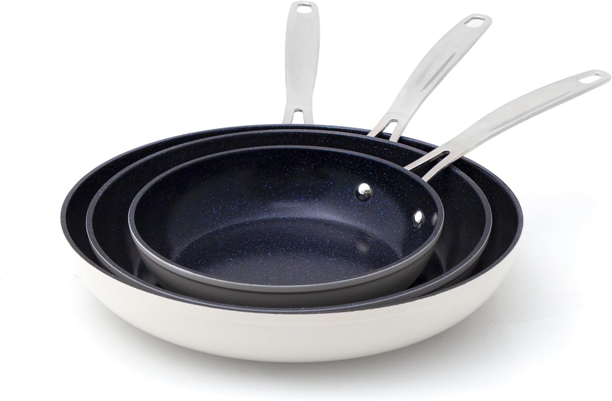 Nuwave 3-Piece Fry Pan Set, 8”, 10”, 12” Forged Lightweight, G10 Healthy Duralon Blue Ceramic Ultra Non-Stick, Induction-Ready & Works on All Cooktops, Ergonomic Stay-Cool Handles