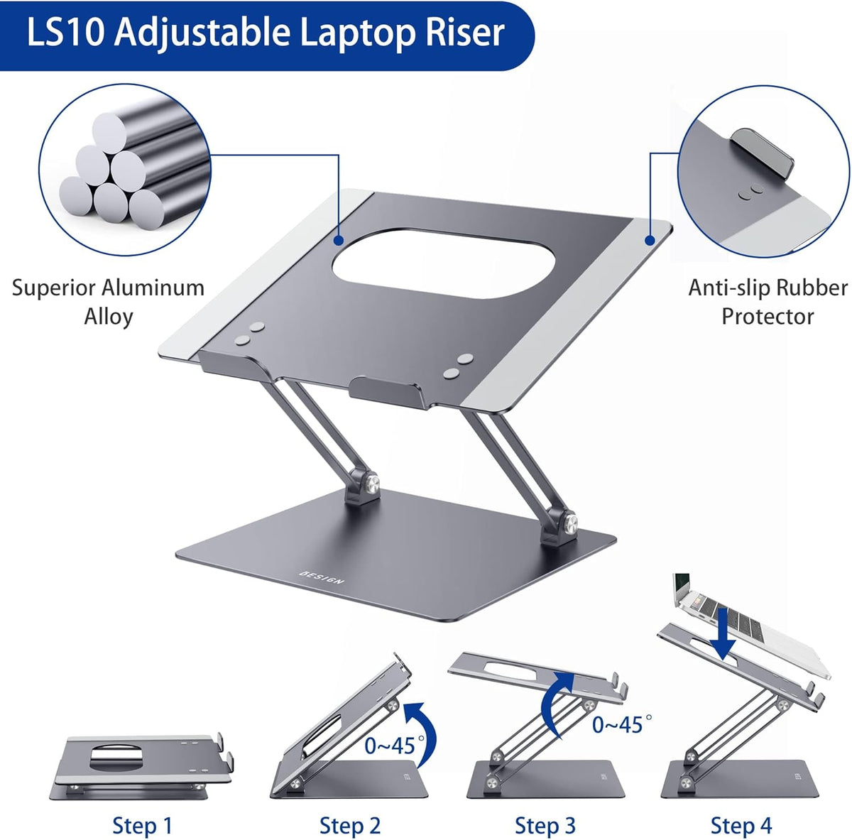 BESIGN LS10 Aluminum Laptop Stand, Ergonomic Adjustable Notebook Stand, Computer Holder Compatible with Air, Pro, Dell, HP, Lenovo More 10-14" Laptops, Space Gray