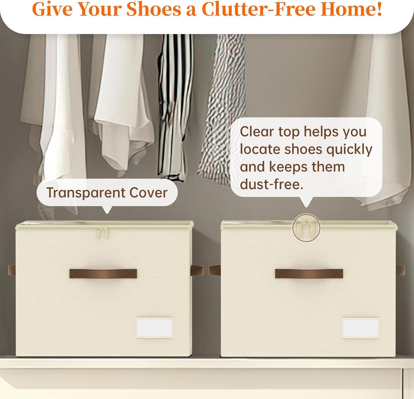 Shoe Organizer for Closet, Foldable Shoe Storage Containers, Fits up to 16 Pairs, Large Shoe Storage Organizer Box Cubby Baskets Bins with Clear Cover and Reinforced Handles, Beige