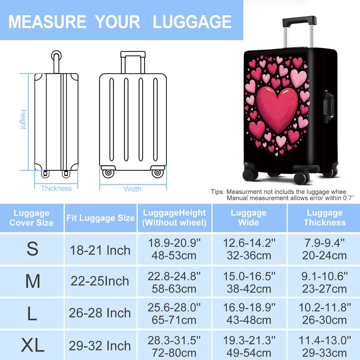 Luggage Cover Washable Suitcase Protector Anti-Scratch,Stretchable Fit for 20-34Inch Luggage Durable Travel Bag Cover with Zipper Closure (Heart, XL(fits 32-34Inch suitcase))