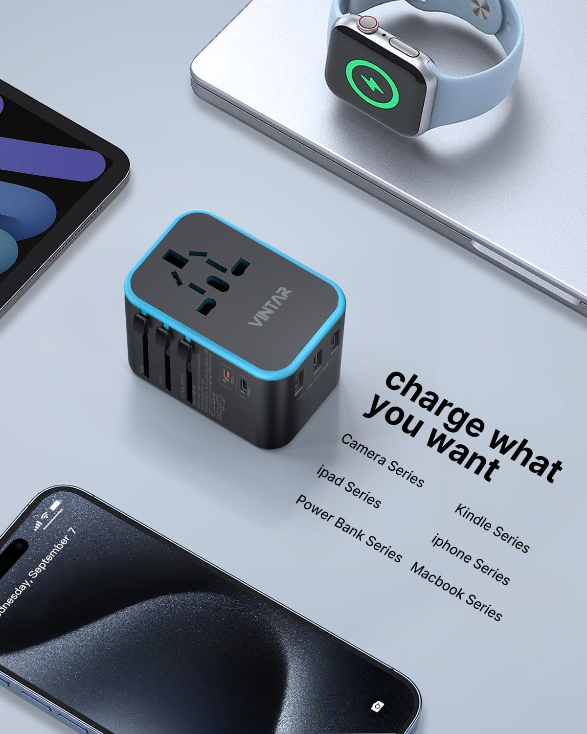Universal Travel Adapter, VINTAR 35.5W International Power Adapter with 3 USB A QC and 2 USB C PD, All in One Plug Adapter Worldwide Travel Essentials for EU/UK/USA/AUS(Type C/G/A/I), Blue