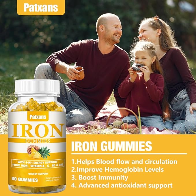 1 Pack 100MG Iron Supplement Gummies for Women & Men - with Vitamin A, C, B - Energy Support for Iron Deficiency, Anemia, Adults & Children, Pineapple Flavor Gummy, 60ct.