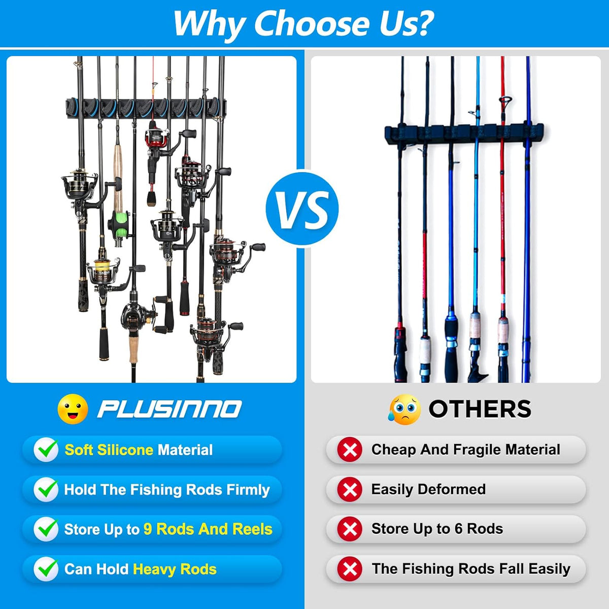 PLUSINNO 4 Pack Vertical Fishing Rod Rack, Wall Mounted Fishing Rod holder, 4 Packs Fishing Pole Holders Hold Up to 36 Rods or Combos, Fishing rod holders for garage, Fits Most Rods of Diameter 3-19mm
