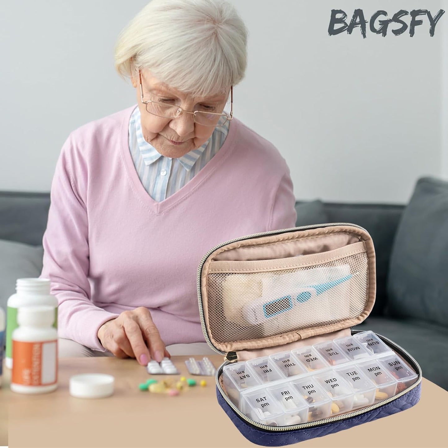 BAGSFY Pill Organizer Case 2 Times a Day- Weekly Medicine Organizer Travel Pill Box with Removable 7 Day Medicine Case Container for Fish Oil, Vitamin, Supplement