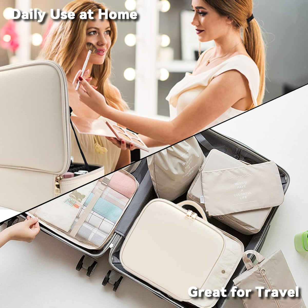 Travel Makeup Bag with LED Mirror and 10x magnifying glass with 3 Lighted Settings, Adjustable Dividers and Makeup Brush Storage Bag White
