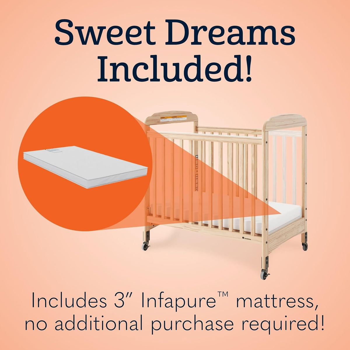 Foundations Serenity Compact Daycare Crib, Fixed Side, Features Mirrorview End Panels and Slatted Side Panels, Durable Wood Construction, Includes 3โ InfaPure Foam Mattress (Natural)