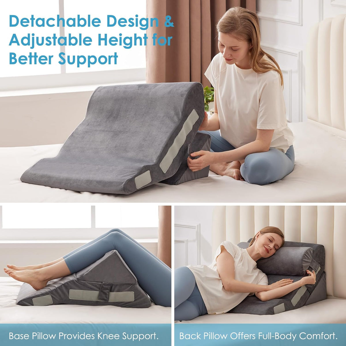 3PCS Bed Wedge Pillow for Headboard, Adjustable Wedge Pillow for Sleep Apnea, 23” Wide Triangle Pillow Wedge Set for After Surgery, Acid Reflux Relief, Snoring, Neck&Back Support, Grey