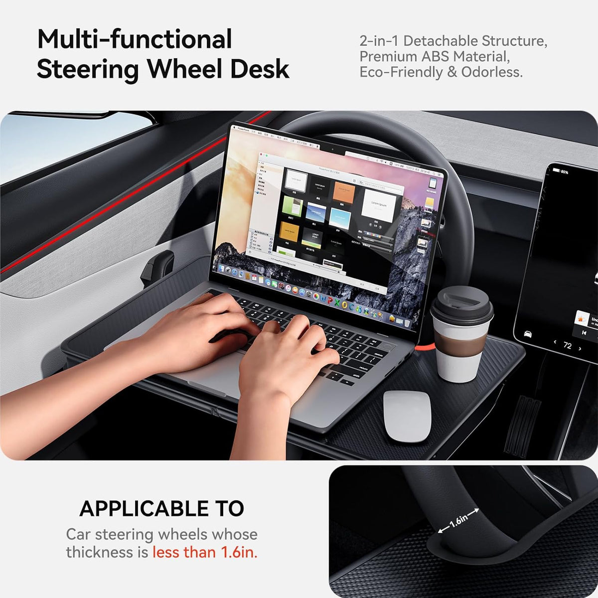 YONZEE 2-in-1 Car Steering Wheel Desk Tray & Car Seat Gap Filler Organizer – Foldable Carbon Fiber Look Table for Laptop, Eating, Writing – Universal Fit for Most Vehicles Orange