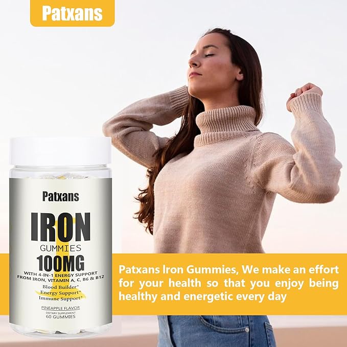 1 Pack 100MG Iron Supplement Gummies for Women & Men - with Vitamin A, C, B - Energy Support for Iron Deficiency, Anemia, Adults & Children, Pineapple Flavor Gummy, 60ct