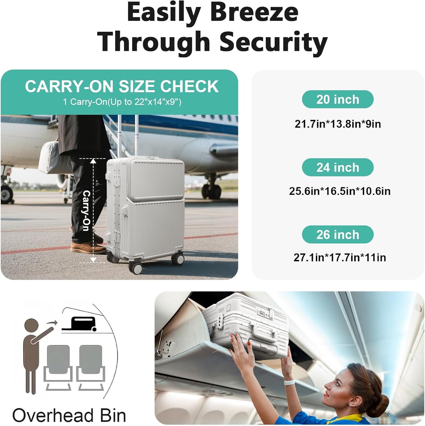 Hard Shell Luggage 20 Inch Travel Luggage, Carry-On Luggage Spinner TSA with Lid, PC+ABS Aluminum Frame,Lightweight Travel Luggage 20'' 24'' 26''Carry-On (upgraded white, 20 inch)