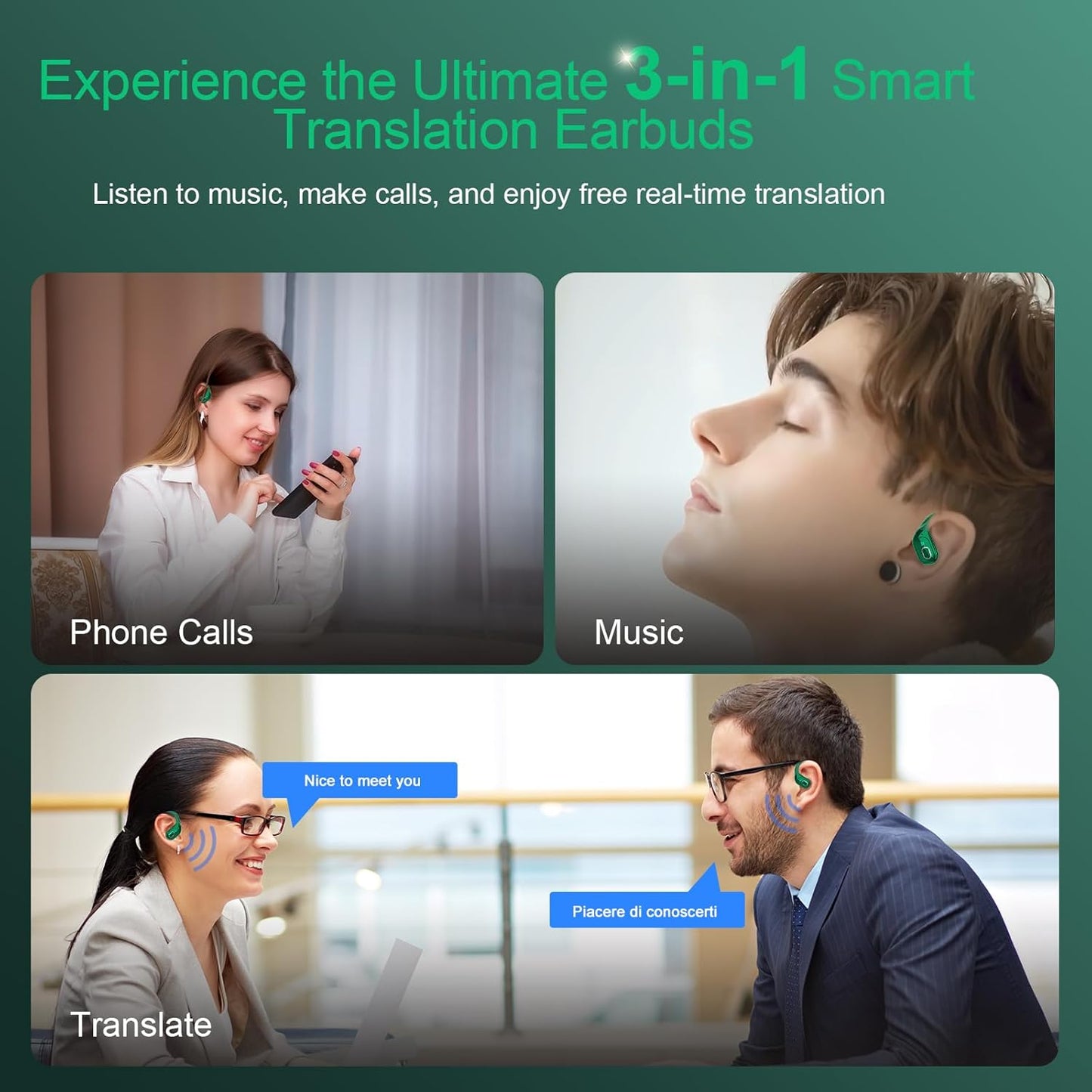 AI Translation Earbuds Real Time, 164 Language Translator Earbud 3-in-1 Bluetooth 5.4 Translator Earbuds with 6 Translation Modes, 75H Translators Headphones with APP for Travel Business, Dark Green