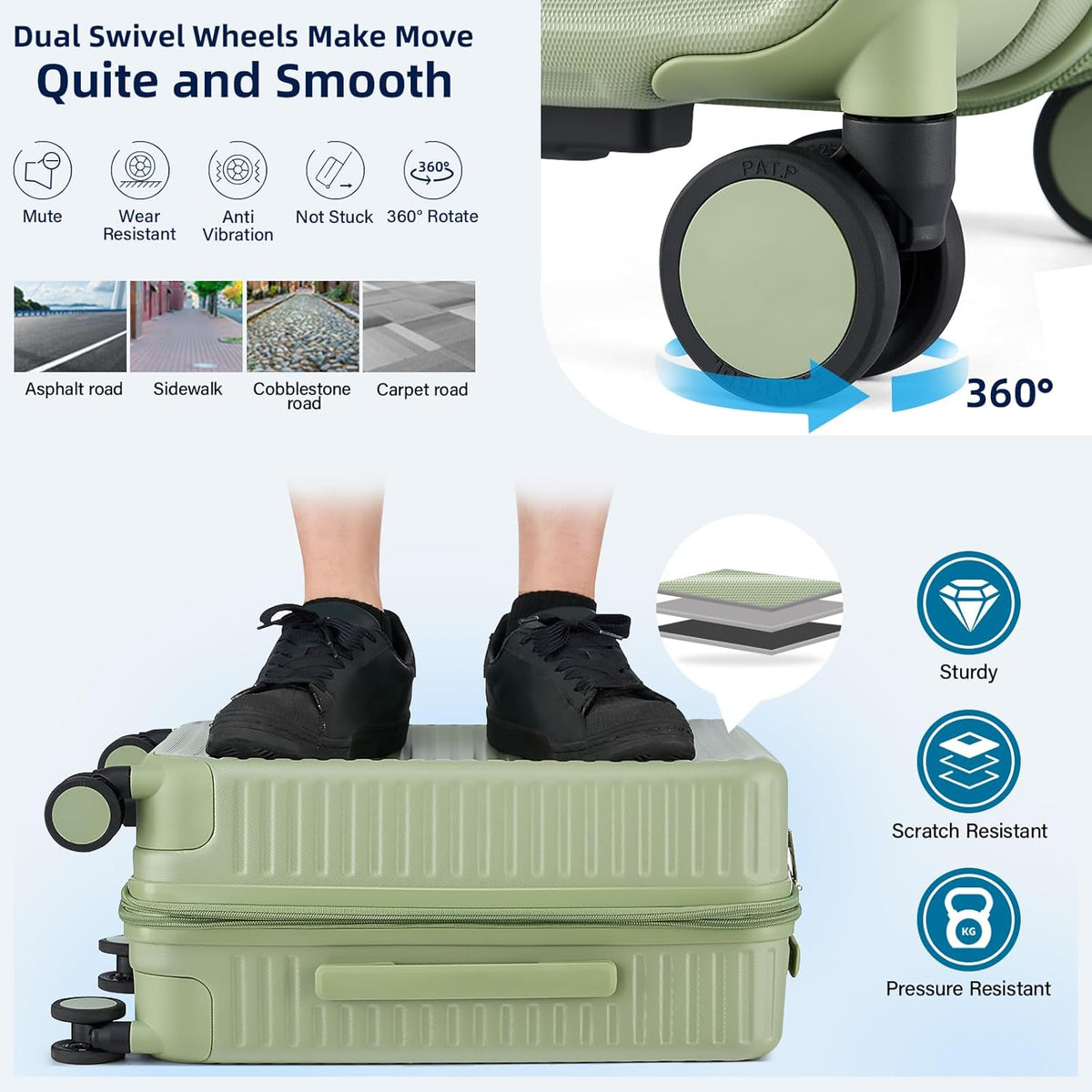 Hard Shell Suitcases Expandable Travel Luggage Sets 3 Piece, Carry on and Check in 3 Piece Luggage Suitcase Sets with Spinner Wheels Cup Holder Charger Built in (Bamboo Green, 20/24/28)