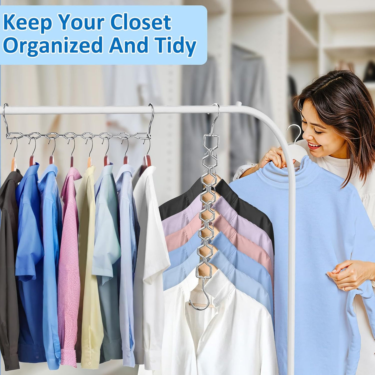 3 Pack Space Saving Hangers for Clothes, Heavy Duty 30Lbs Capacity Magic Clothes Space Saver Sturdy Metal Hanger Organizer with 360° Swivel Hook, Closet Organizers Storage Dorm Essentials Silver