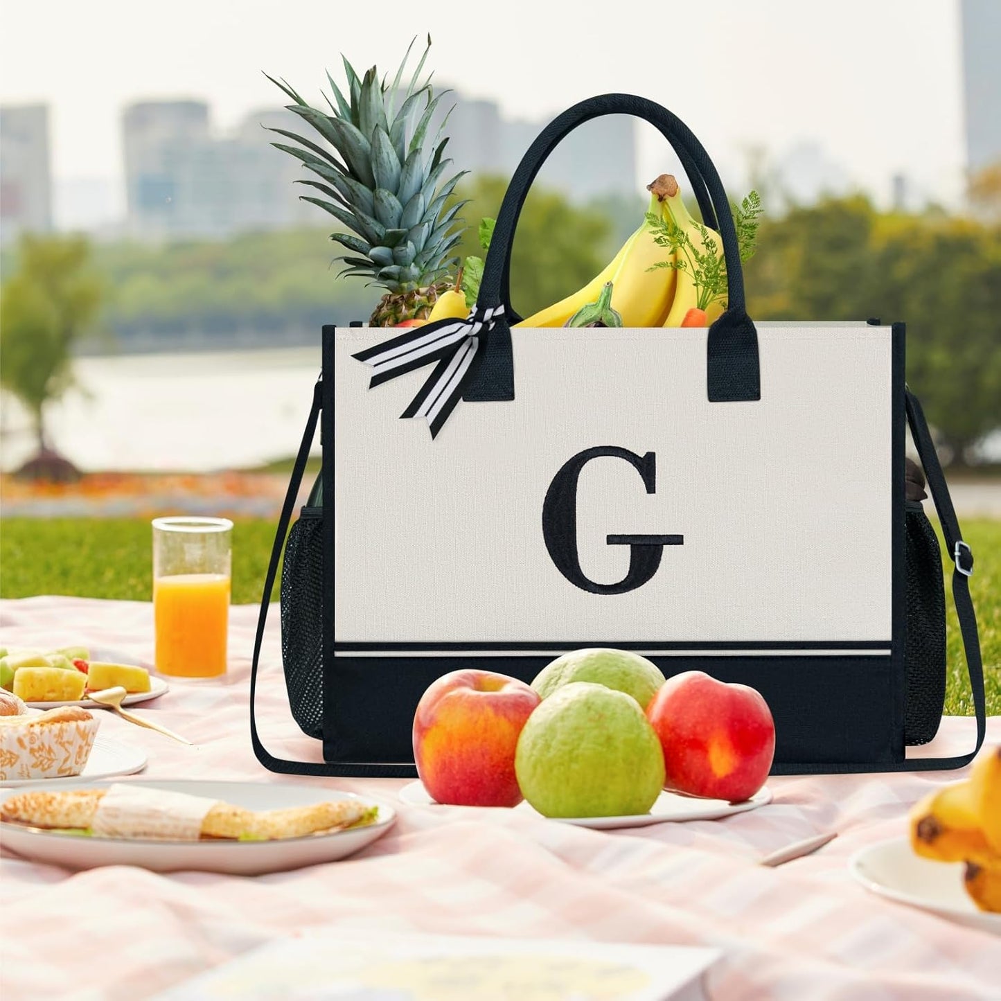 TOPDesign Personalized Initial Canvas Tote Bag, for Wedding, Birthday, Beach, Perfect Gifts for Women, Mom, Teachers, Friends