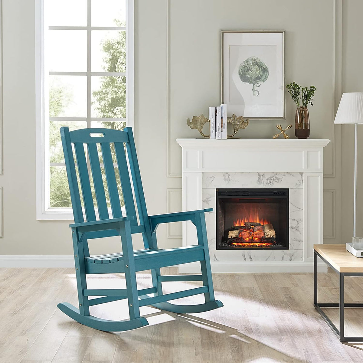 Psilvam Oversized Outdoor Rocking Chair, with 21" Wide Seat and 32" Tall Backrest, Pre-Assembled with Most Components for Effortless Installation (Blue)